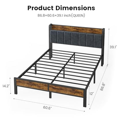 ALBERTO Queen Size Bed Frame with LED Lights, Upholstered Headboard with Storage and Charging Station, Metal Platform with Slats, No Box Spring Needed, Easy Assembly