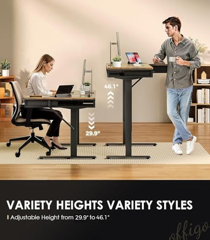63 Inch L Shaped Electric Standing Desk with 4 Drawers, Rustic Brown