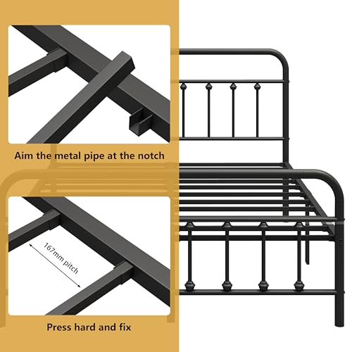 Full Metal Bed Frame with Victorian Headboard & Footboard, Black