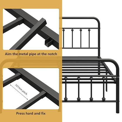 Full Metal Bed Frame with Victorian Headboard & Footboard, Black