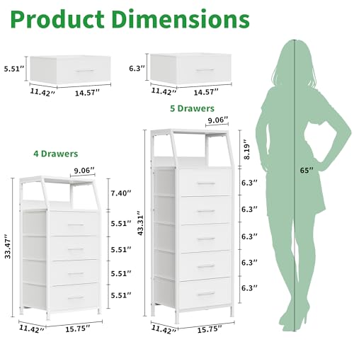 5 Drawers White Tall Fabric Dresser for Bedroom, Dorm Nightstand | Vertical Storage Tower Closet Organizer, Skinny Narrow Bedside Table for Entryway, Steel Frame, Wooden Top