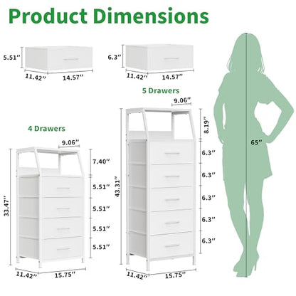 5 Drawers White Tall Fabric Dresser for Bedroom, Dorm Nightstand | Vertical Storage Tower Closet Organizer, Skinny Narrow Bedside Table for Entryway, Steel Frame, Wooden Top