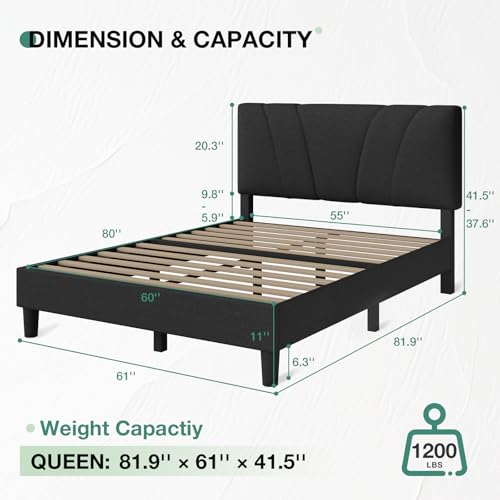 Queen Bed Frame with Headboard, Bed Frame Queen Size with Wood Slats Support,Linen Upholstered Adjustable Headboard, No Box Spring Needed, Heavy Duty Feet, Easy Assembly, Dark Grey
