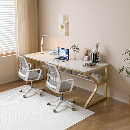 Extra Long Desk with Bookshelf - 63" Double Long Writing Table for 2-Person Workstation, Modern Study Work Computer Desk for Home and Office, Gold