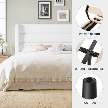 Queen Size Platform Bed Frame with Velvet Upholstered Wingback Headboard, No Box Spring Needed, Under Bed Storage Space, Strong Wooden Slats, Modern Mattress Foundation, Easy Assembly, White