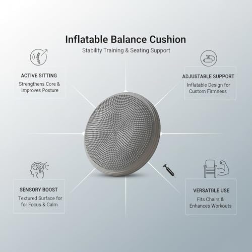 Inflatable Balance Disc Cushion, 13.4 Inch PVC Wobble Seat for Stability Training, Core Exercise & Office Chair Support, Portable Fitness Pad (Pink, Gray, Purple, Blue)