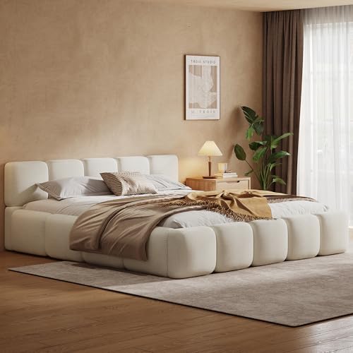 California King Boucle Platform Bed, Headboard and Footboard, White