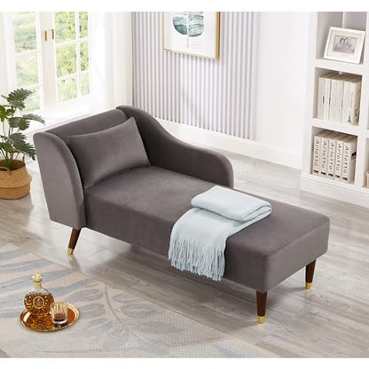 GDFStudio Upholstered Chaise Lounge Chair Indoor, Modern Velvet Recliner Lounge Chair with Removable Pillows, Gold Wood Legs, Backrest & Armrest, Reading Chaise Chair for Living Room Bedroom, Grey