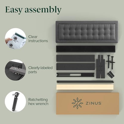 Zinus Dachelle Upholstered Platform Bed Frame, Mattress Foundation, Wood Slat Support, No Box Spring Needed, Eco Friendly WonderBox (TM) Packaging, Easy Assembly, Dark Grey, Queen