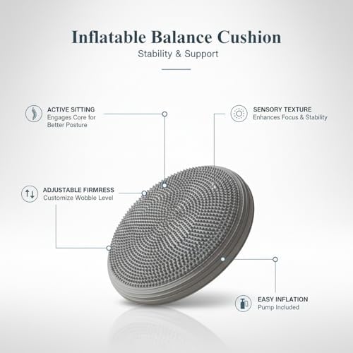 Inflatable Balance Disc Cushion, 13.4 Inch PVC Wobble Seat for Stability Training, Core Exercise & Office Chair Support, Portable Fitness Pad (Pink, Gray, Purple, Blue)