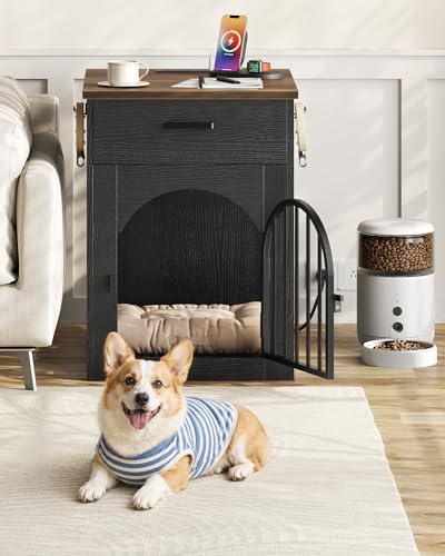 Dog Crate Furniture, Wooden Dog Kennel with Charging Station and Storage Drawer, Indoor Pet Crate End Table for Small Breeds,Dog Cage for Living Room, Bedroom, Black and Walnut MGW01UBL