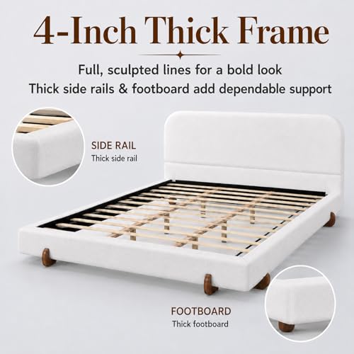 California King Size Bed Frame, Elegant Chenille Bed Frame with Unique Design Solid Wood Legs, Curve-Shaped Upholstered Platform Bed with 4-Inch Thick Double-Sided, 800 lb Capacity, White