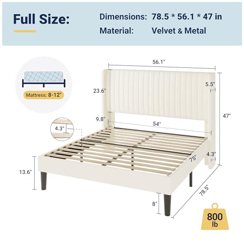 Full Size Velvet Bed Frame/Vertical Channel Tufted Wingback Headboard/Upholstered Platform Bed/Strong Wooden Slats/No Box Spring Needed/Easy Assembly/Cream White