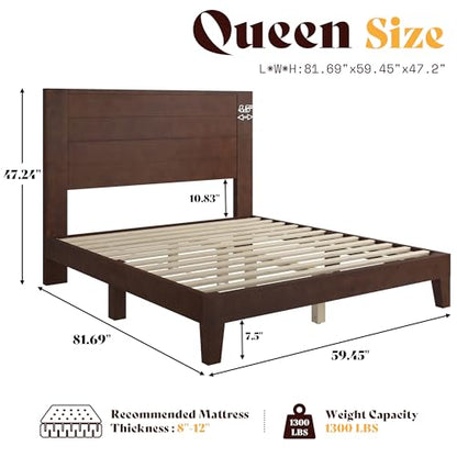 Queen Size Solid Wood Bed Frame with 48" Headboard Design, Walnut