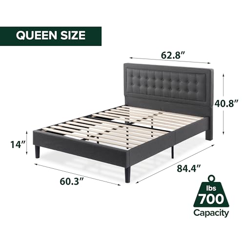 Zinus Dachelle Upholstered Platform Bed Frame, Mattress Foundation, Wood Slat Support, No Box Spring Needed, Eco Friendly WonderBox (TM) Packaging, Easy Assembly, Dark Grey, Queen