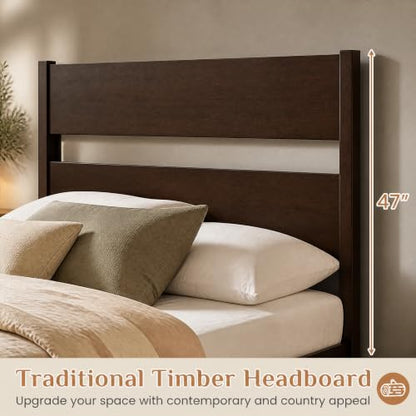 Queen Size Rubber Wood Bed Frame with Tall Headboard, Dark Brown