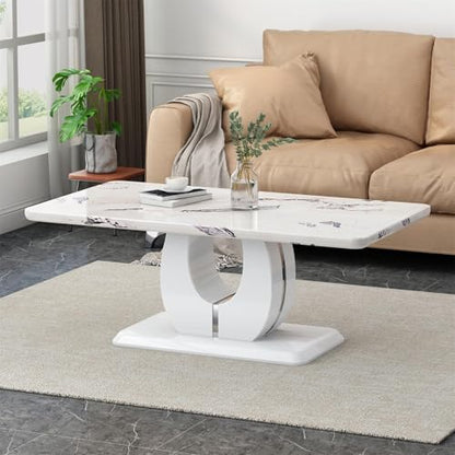 43" Rectangle Modern Faux Marble Coffee Table for Living Room, White | 1.4" Thick Top, Rectangular MDF Wood Center Table for Apartment, U-shaped Pedestal Base, Easy Assembly, Scratch Resistance