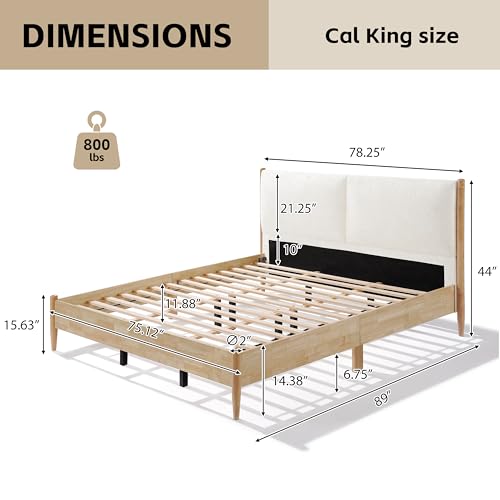 Raven Modern California King Size Bed Frame with Upholstered Headboard, Natural Wood California King Size Platform Bed Frame, No Box Spring Needed, Easy Assembly, White+Natural