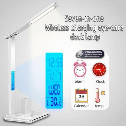 AYI Multifunctional Wireless Charging Desk Lamp – 15W Fast Charger, Digital Alarm Clock & Temp Display, 3CCT 5-Level Dimming, Touch Control, 180° Rotatable LED Lamp, HYT1771 White.