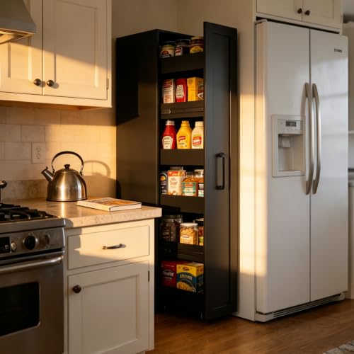 Narrow Pull-out Storage Cabinet on Wheels, 12 inch Black Pantry Cabinet | 71'' Tall, Slim Shelf, Rolling Cart 6-Tier, Next to Fridge, Skinny Spice Rack for Kitchen, Laundry Room
