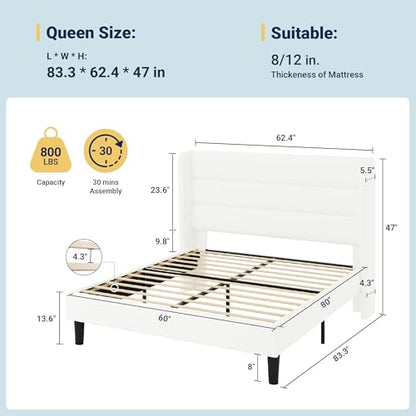 Queen Size Platform Bed Frame with Velvet Upholstered Wingback Headboard, No Box Spring Needed, Under Bed Storage Space, Strong Wooden Slats, Modern Mattress Foundation, Easy Assembly, White