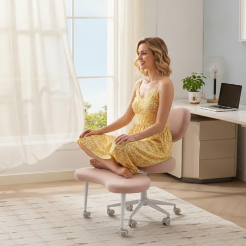 Ergonomic ADHD Criss Cross Legged Office Desk Chair - Meditation Kneeling Yoga Chair Adjustable Height with Wheels Lumbar Support, 360° Swivel Wider Footrest for Home Work, Pink