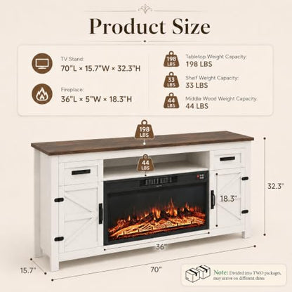 Fireplace TV Stand with Barn Door, 70 inch, White