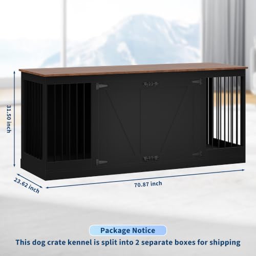 70.8" Large Dog Crate Furniture for 2 Dogs, Farmhouse Dog Crate TV Stand with Removable Divider, Heavy Duty Wooden Dog Kennel with Reinforced Steel Bars & 2 Lockable Doors