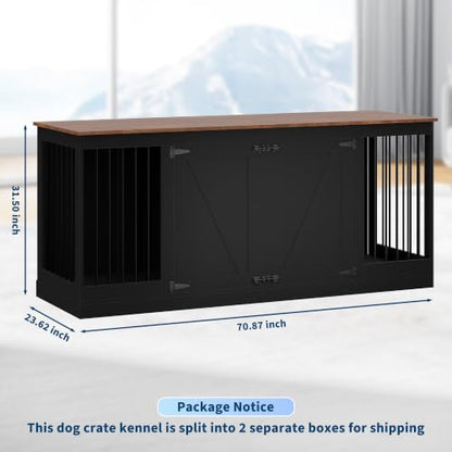 70.8" Large Dog Crate Furniture for 2 Dogs, Farmhouse Dog Crate TV Stand with Removable Divider, Heavy Duty Wooden Dog Kennel with Reinforced Steel Bars & 2 Lockable Doors
