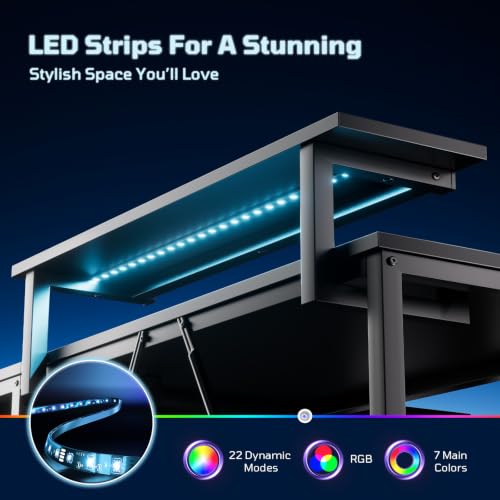 42" L-Shaped Gaming Desk with LED Lights and Power Outlets, Black
