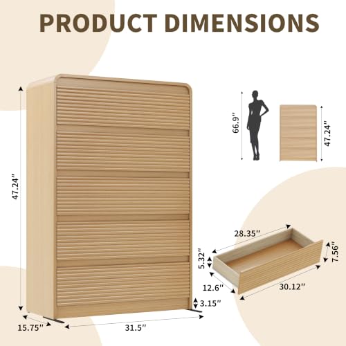 Oak Fluted 5 Drawer Dresser for Bedroom,47" Tall Modern Chest of Drawer | Curved Profile Design, Anti-Tip Kit, Smooth Slides, Wood Mid Century Storage Dresser Organizer for Living Room, Entryway