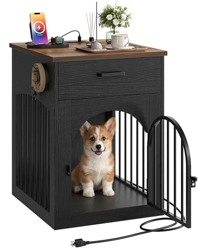 Dog Crate Furniture, Wooden Dog Kennel with Charging Station and Storage Drawer, Indoor Pet Crate End Table for Small Breeds,Dog Cage for Living Room, Bedroom, Black and Walnut MGW01UBL