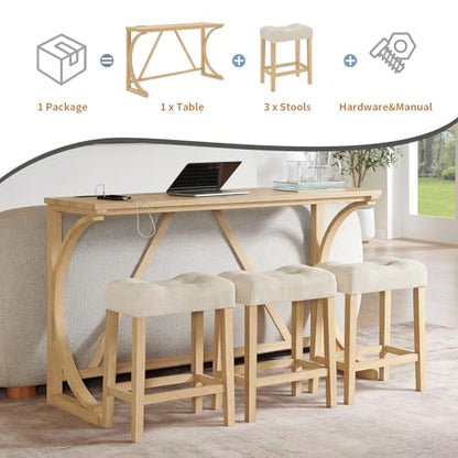 5-Piece Bar Table Set with Built-In Power Outlets, Light Oak