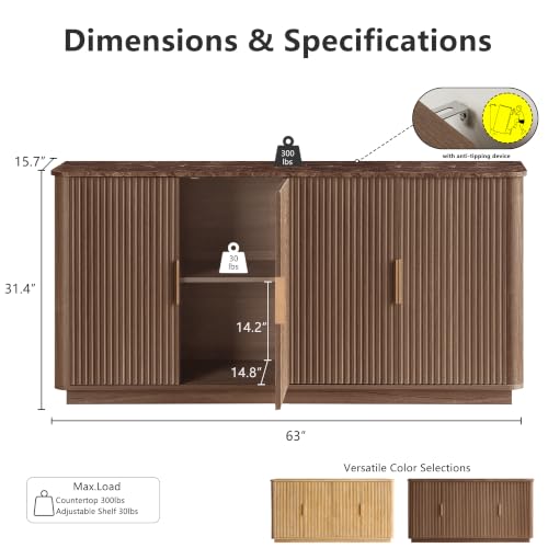 63" Fluted Sideboard Buffet Cabinet with Storage
