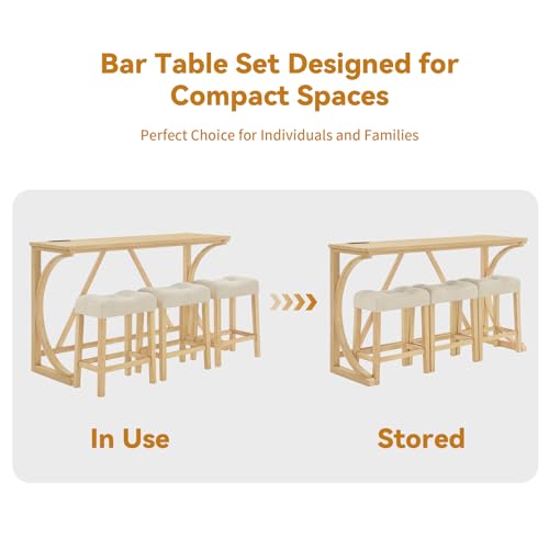 5-Piece Bar Table Set with Built-In Power Outlets, Light Oak