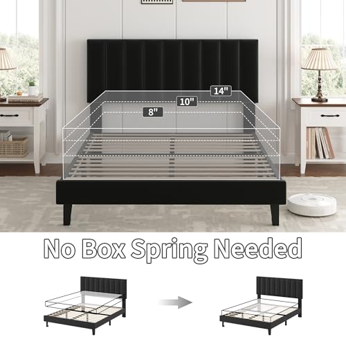 Full Size Platform Bed Frame with Upholstered Headboard, Black