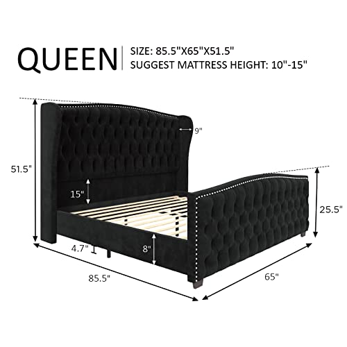 Queen Size Bed Frame with Velvet Upholstered Wingback Headboard