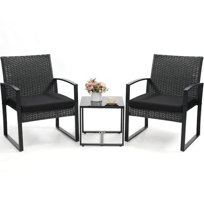 Outdoor 3-Piece Wicker Bistro Set, Rattan Patio Conversation Set with Coffee Table, for Backyard Garden Poolside, Black Frame & Black Cushion