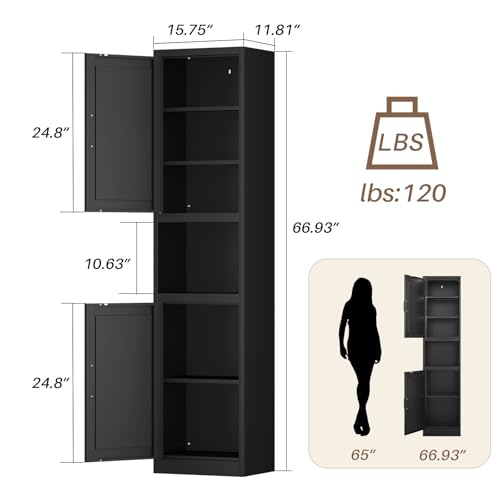 67" Tall Slim Pantry Cabinet, Narrow Bathroom Storage Cabinet | Metal Skinny Cabinet with Door and Adjustable Shelves, for Small Spaces, Kitchen, Bathroom, Laundry Room, Living Room, Black