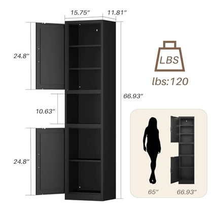 67" Tall Slim Pantry Cabinet, Narrow Bathroom Storage Cabinet | Metal Skinny Cabinet with Door and Adjustable Shelves, for Small Spaces, Kitchen, Bathroom, Laundry Room, Living Room, Black