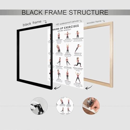Pre-Workout Warm-Up Exercise Poster, 16 Illustrated Full-Body Prep Movement Chart, Bodyweight Joint Loosening Reference to Prevent Strains Before Home & Gym Fitness Training Sessions(16x24inchs，Black Framed)