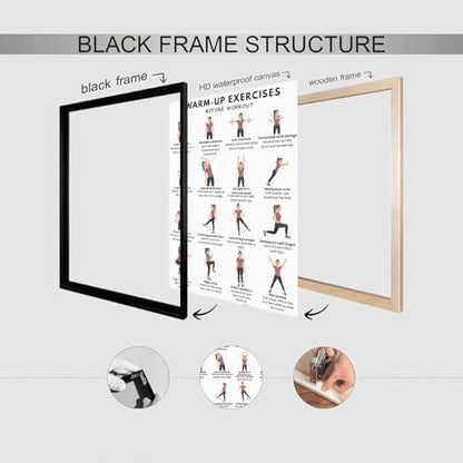 Pre-Workout Warm-Up Exercise Poster, 16 Illustrated Full-Body Prep Movement Chart, Bodyweight Joint Loosening Reference to Prevent Strains Before Home & Gym Fitness Training Sessions(16x24inchs，Black Framed)