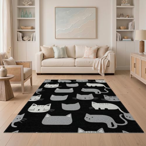 5'x7' Midnight Black Cat with Silver Accents Washable Area Rug