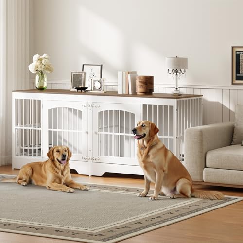 74.8” Dog Crate Furniture for 2 Dogs, Wooden Dog Kennel Indoor with Dog Bowls, Extra Large Double Doors Dog Crate TV Stand, Dog Kennel with Divider, White and Walnut