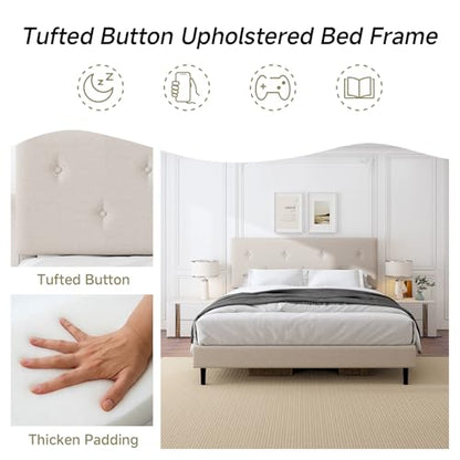 Queen Size Linen Bed Frame with Adjustable Headboard Beige