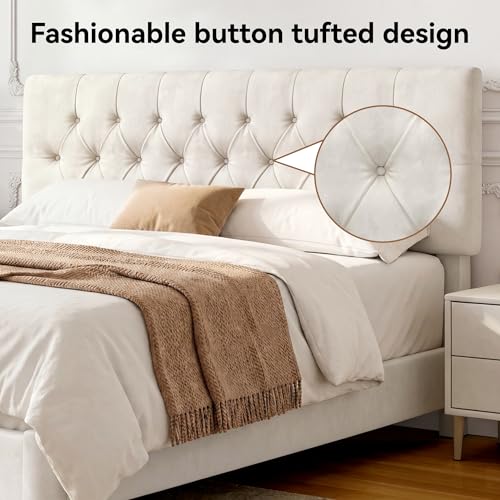 Queen Upholstered Bed Frame, White Velvet Cloud Platform Bed