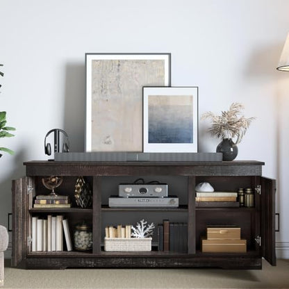Farmhouse TV Stand for 65 Inch TV, Mid Century Modern Entertainment Center with Double Barn Doors, Rustic TV Media Console TV Cabinet for Living Room, Dark Oak
