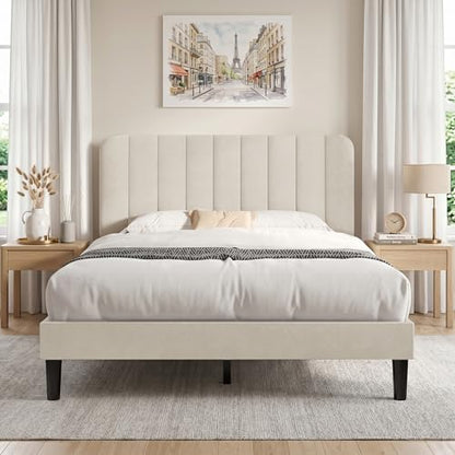 Queen Size Bed Frame with Upholstered Headboard, Velvet Platform Bedframe Mattress Foundation, Strong Wood Slat Support, No Box Spring Needed,Bone Beige
