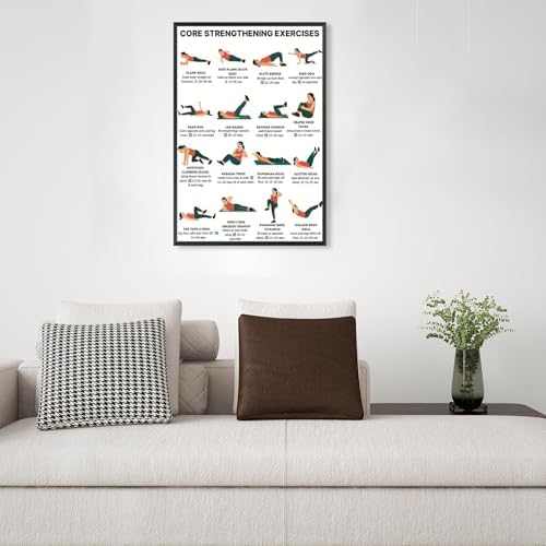 Core Strengthening Workout Poster, 16 Illustrated Abdominal Training Chart with Timing & Rep Guides, Bodyweight Abs & Obliques Exercise Reference for Home Gym Beginner Core Stability Fitness Routine(24x36inchs，Black Framed)