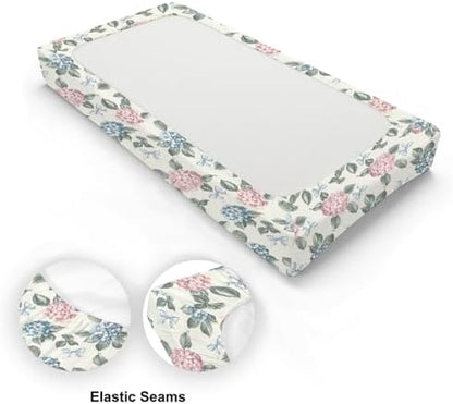 Spring Hydrangea Floral Leaves Bows Baby Changing Pad Cover, Unisex Flowers Nursery Diaper Changing Table Pad Mat Sheet for Boys Girls-16x32